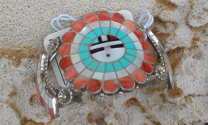 Navajo Zuni sterling coral, turquoise, onyx & MOP cuff