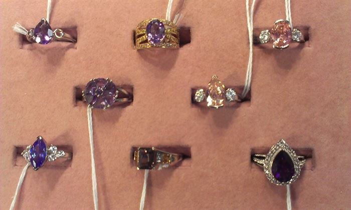 closeup of gemstone sterling rings, various sizes