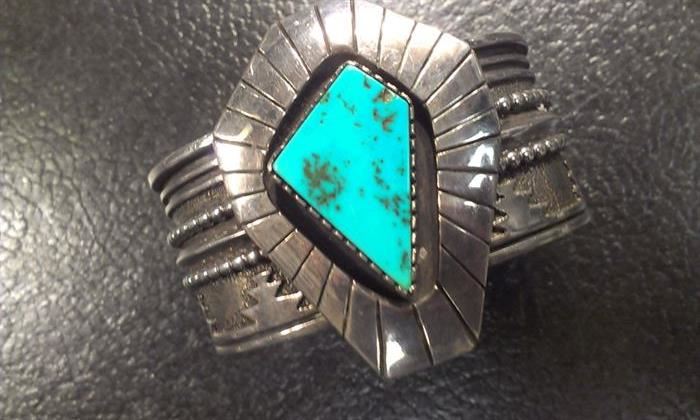 VTG Navajo Geometric Turquoise sterling cuff, heavy signed K.L.