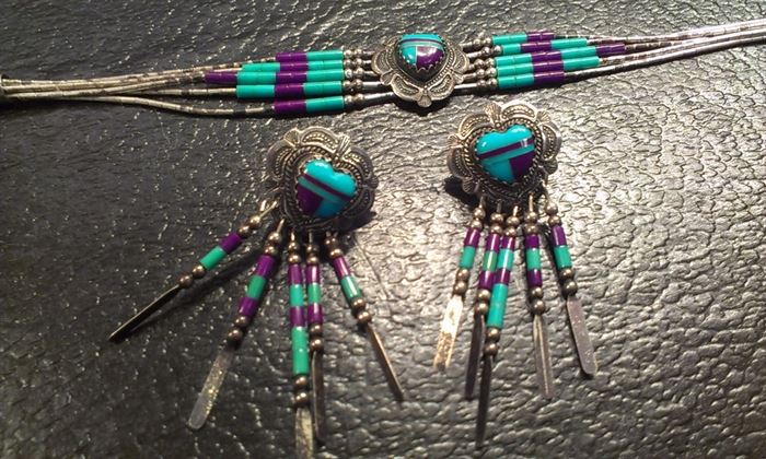 Navajo Zuni sterling turquoise & Arizona copper purple turquoise delicate bracelet & earrings