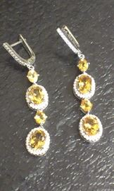 Citrine gemstones w cz's PRESIDIUM tested, 2" l earrings, sterling