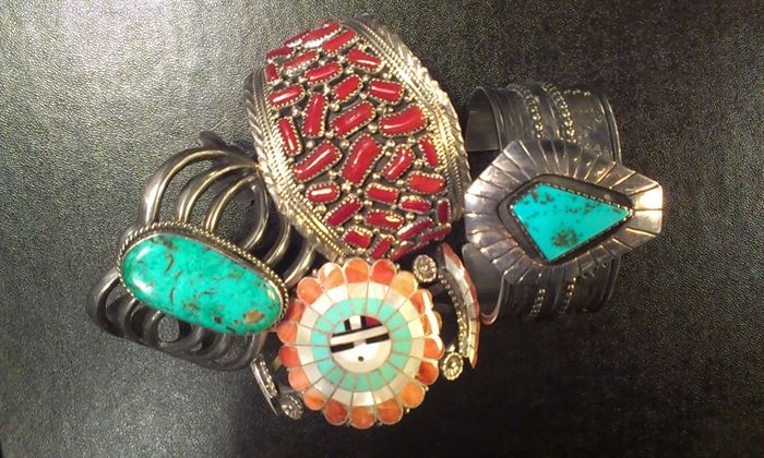 Selection of Navajo sterling cuffs...