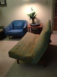 Sleek Mid-Century slant back settee (fabric as is)