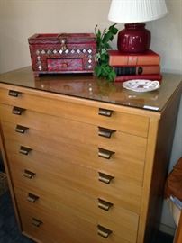 Another multi-drawer chest; decorative box; small red lamp