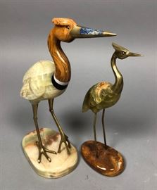 Lot 23 Set 2 Carved Onyx Brass Egrets Birds. Decorator c