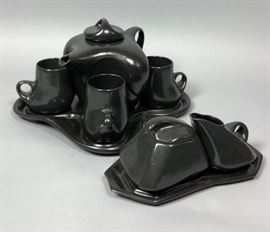 Lot 28 9pc STENGER Black Glazed Pottery Tea Set. Sugar C