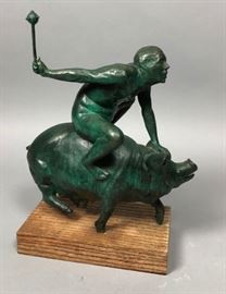 Lot 45 Modernist Bronze Table Sculpture. Man Riding Pig 