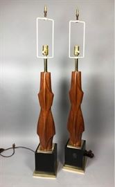 Lot 101 Pr LAUREL Carved Wood Modernist Table Lamps. Styl