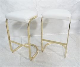 Lot 155 Pr Modernist Brass Bar Stools. Off White Vinyl Se