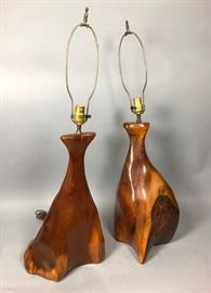 Lot 178 Pr Large Bulbous Natural Wood Table Lamps. Feline
