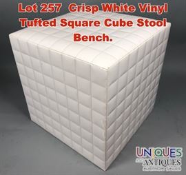 Lot 257 Crisp White Vinyl Tufted Square Cube Stool Bench.