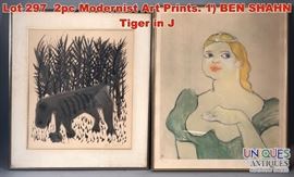 Lot 297 2pc Modernist Art Prints. 1 BEN SHAHN Tiger in J
