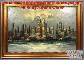Lot 298 CHERRAR Modernist Cityscape Painting. Urban water