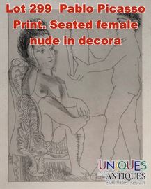 Lot 299 Pablo Picasso Print. Seated female nude in decora