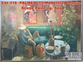 Lot 316 PALMER 75 Modernist Interior Scene Painting. Sea