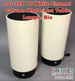 Lot 328 Pr White Enamel Column Modernist Table Lamps. Bla