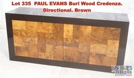 Lot 335 PAUL EVANS Burl Wood Credenza. Directional. Brown