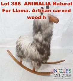 Lot 386 ANIMALIA Natural Fur Llama. Artisan carved wood h