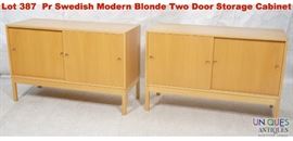Lot 387 Pr Swedish Modern Blonde Two Door Storage Cabinet
