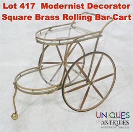 Lot 417 Modernist Decorator Square Brass Rolling Bar Cart