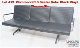 Lot 419 Chromecraft 3 Seater Sofa. Black Vinyl Chrome Ste