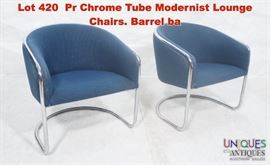 Lot 420 Pr Chrome Tube Modernist Lounge Chairs. Barrel ba