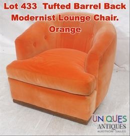 Lot 433 Tufted Barrel Back Modernist Lounge Chair. Orange