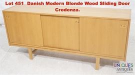 Lot 451 Danish Modern Blonde Wood Sliding Door Credenza. 