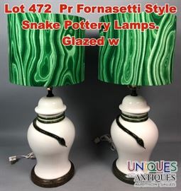 Lot 472 Pr Fornasetti Style Snake Pottery Lamps. Glazed w