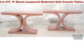 Lot 476 Pr Mauve Lacquered Modernist Sofa Console Tables.