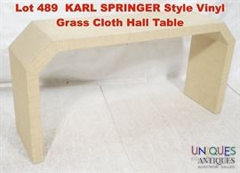Lot 489 KARL SPRINGER Style Vinyl Grass Cloth Hall Table