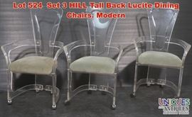 Lot 524 Set 3 HILL Tall Back Lucite Dining Chairs. Modern