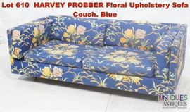 Lot 610 HARVEY PROBBER Floral Upholstery Sofa Couch. Blue