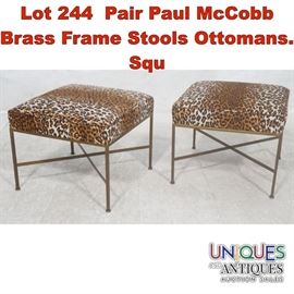 Lot 244 Pair Paul McCobb Brass Frame Stools Ottomans. Squ