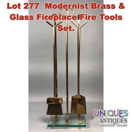 Lot 277 Modernist Brass  Glass Fireplace Fire Tools Set.