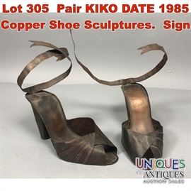 Lot 305 Pair KIKO DATE 1985 Copper Shoe Sculptures. Sign