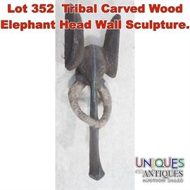 Lot 352 Tribal Carved Wood Elephant Head Wall Sculpture. 