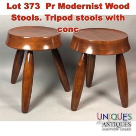 Lot 373 Pr Modernist Wood Stools. Tripod stools with conc