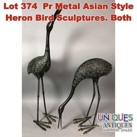 Lot 374 Pr Metal Asian Style Heron Bird Sculptures. Both 