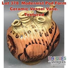Lot 378 Modernist Pod Form Ceramic Vessel Vase. Textured 