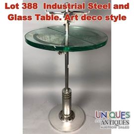Lot 388 Industrial Steel and Glass Table. Art deco style 