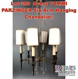 Lot 399 Brass TOMMI PARZINGER Six Arm Hanging Chandelier.