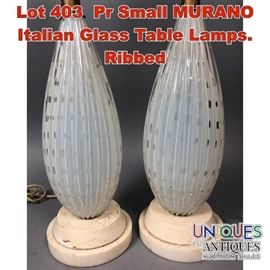 Lot 403 Pr Small MURANO Italian Glass Table Lamps. Ribbed