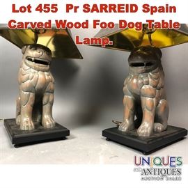 Lot 455 Pr SARREID Spain Carved Wood Foo Dog Table Lamp. 