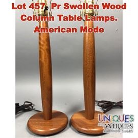Lot 457 Pr Swollen Wood Column Table Lamps. American Mode