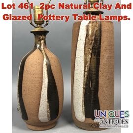 Lot 461 2pc Natural Clay And Glazed Pottery Table Lamps.