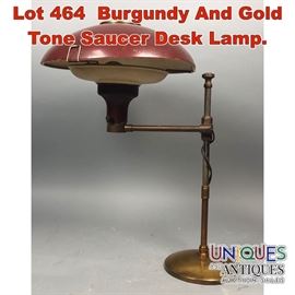 Lot 464 Burgundy And Gold Tone Saucer Desk Lamp. 