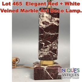Lot 465 Elegant Red  White Veined Marble Art Deco Lamp. 