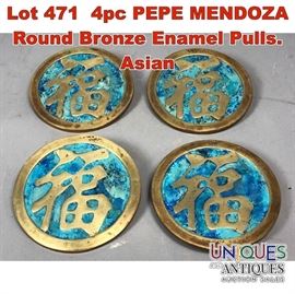 Lot 471 4pc PEPE MENDOZA Round Bronze Enamel Pulls. Asian