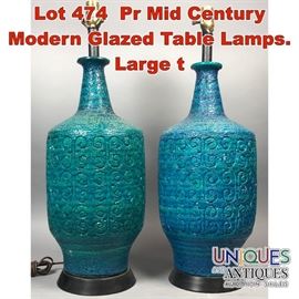 Lot 474 Pr Mid Century Modern Glazed Table Lamps. Large t